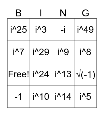 Imaginary Numbers Bingo Card