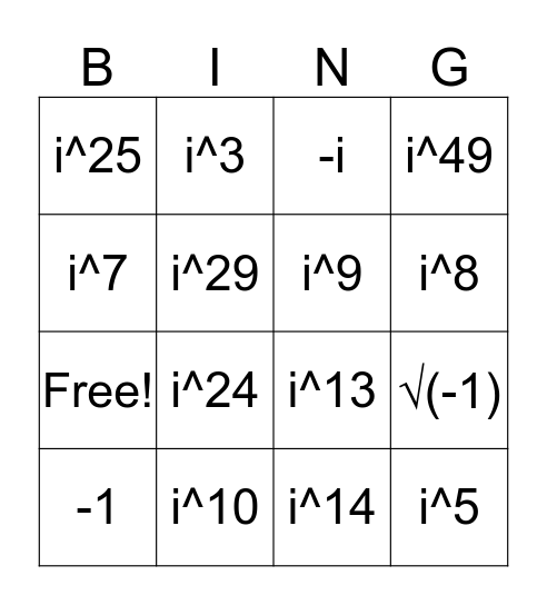 Imaginary Numbers Bingo Card