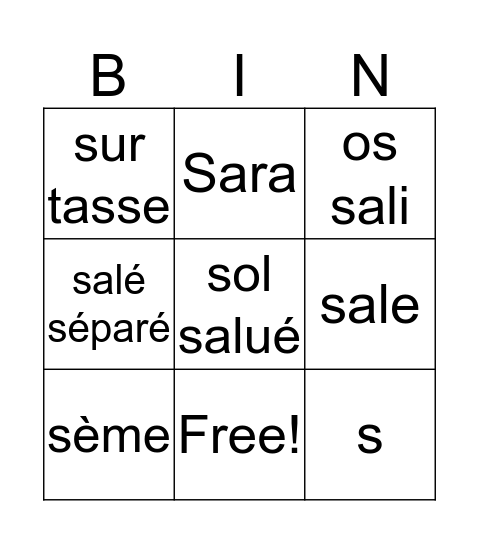 {s} Bingo Card