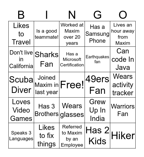 Maxim IT Team Bingo Card