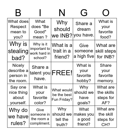 Social Skills BINGO Card