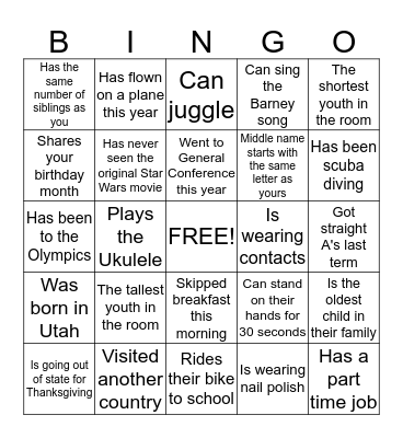 Youth Bingo Card