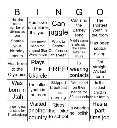 Youth Bingo Card