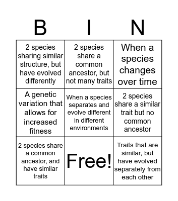 Evolution Bingo Card