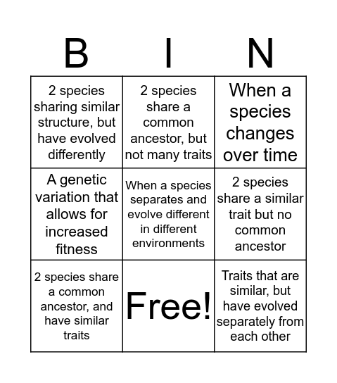 Evolution Bingo Card