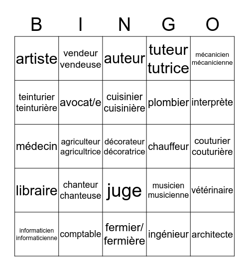 F3 - Chap 2 les professions  Bingo Card