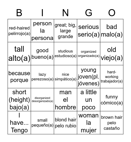 Avancemos 1 Ch 1.2 Bingo Card