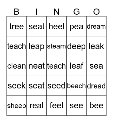 'ee' 'ea' Bingo Card