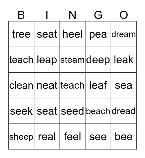 'ee' 'ea' Bingo Card