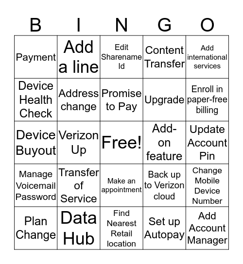 My Verizon Digital Engagement Bingo Card