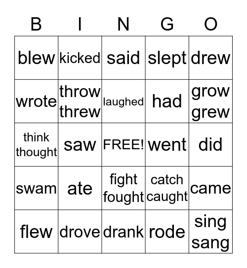 IRREGULAR PAST TENSE VERBS Bingo Card