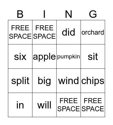 Spelling Words BINGO Card