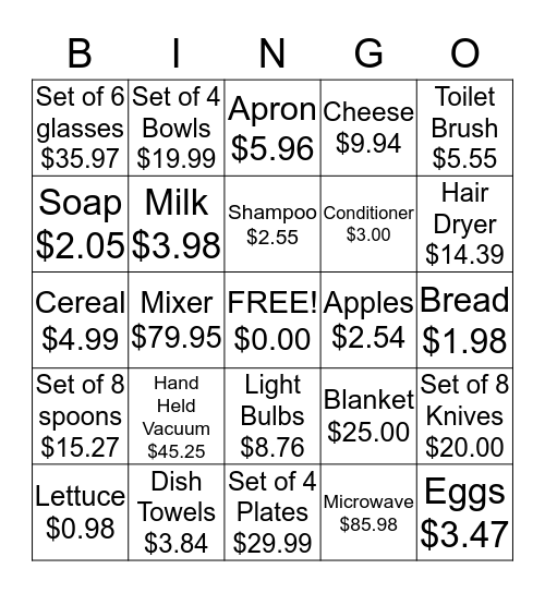 Household Bingo Card