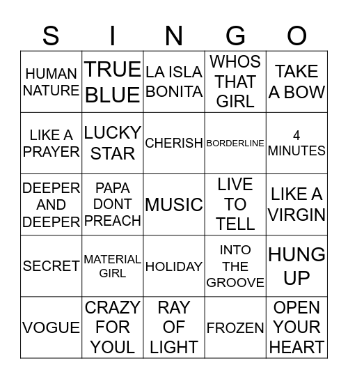 267 BEST OF MADONNA #1 Bingo Card