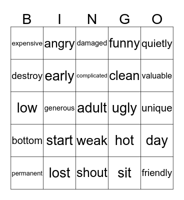 Antonyms Bingo Card