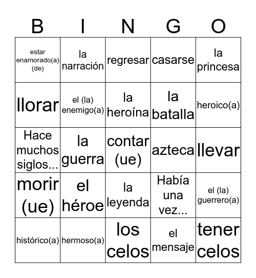 Spanish 2 - Unit 4.1 Vocab Bingo Card