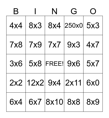 Multiplication Bingo Card