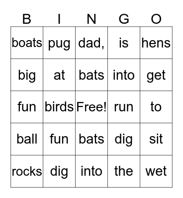 Sight Words Bingo Card