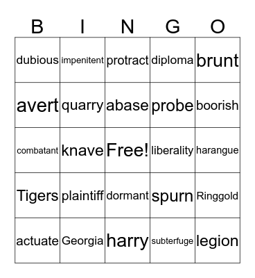 Vocabulary Bingo Card