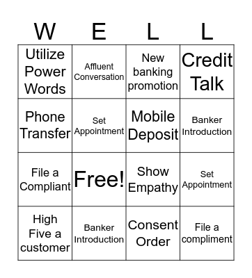 Teller Activity Goals Bingo Card