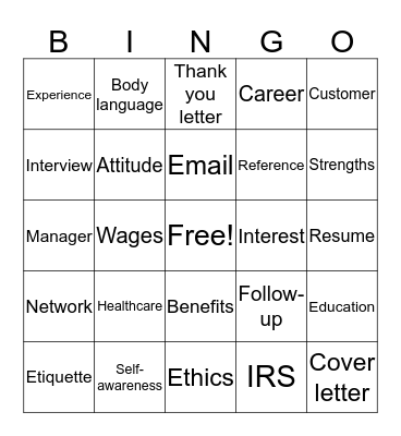 Job Readiness Bingo Card