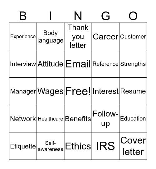 Job Readiness Bingo Card