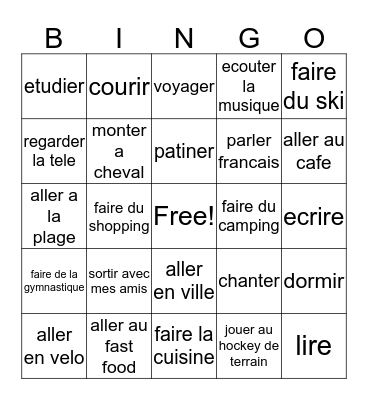 Les Loisirs/Activites Bingo Card