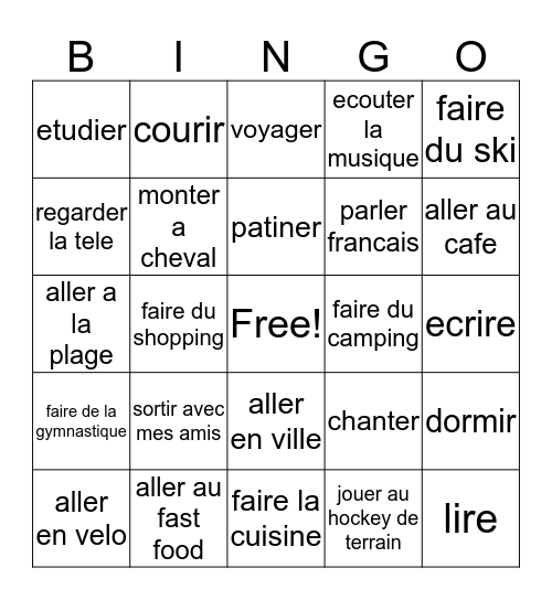 Les Loisirs/Activites Bingo Card