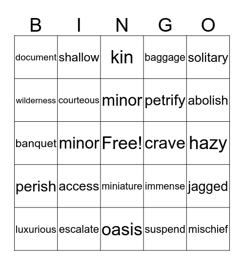 Word Bingo Unit #4 Bingo Card