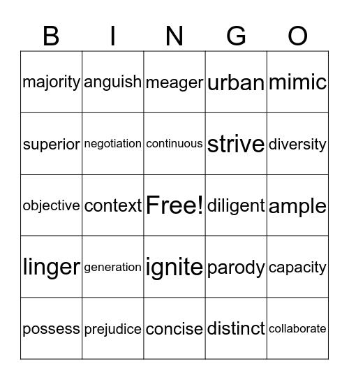 Word Bingo Unit #6 Bingo Card