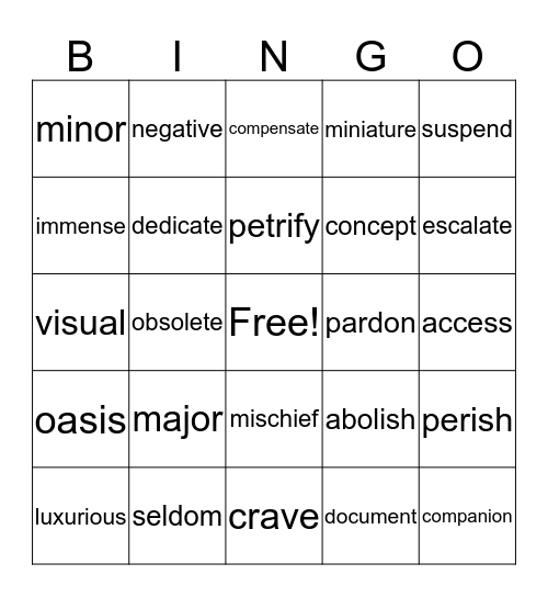 Word Bingo Unit #5 Bingo Card