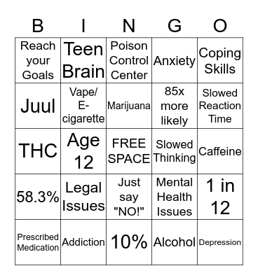 ATOD: Alcohol, Tobacco, and Other Drugs Bingo Card