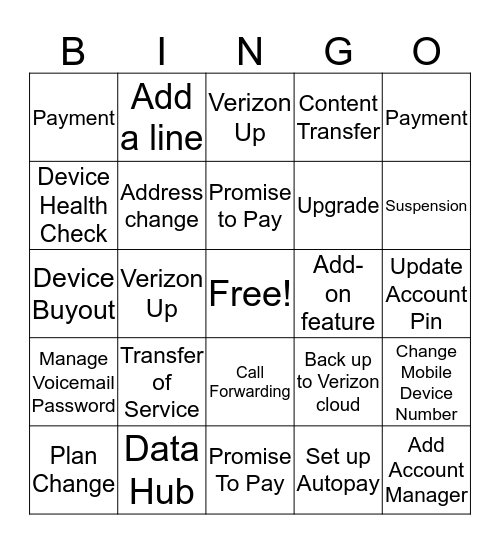 My Verizon Digital Engagement Bingo Card
