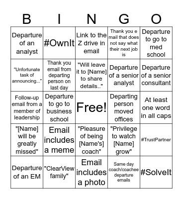 Departure Email Bingo Card