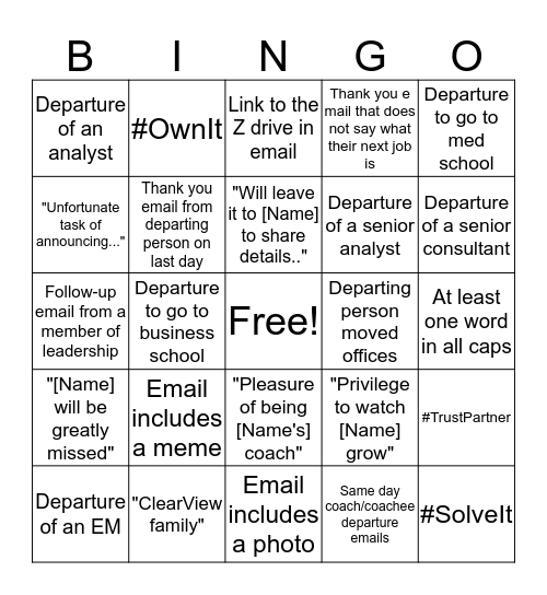 Departure Email Bingo Card