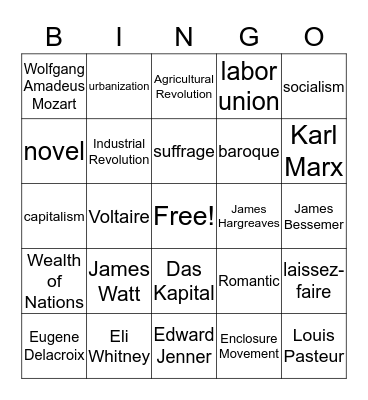 Changes into the 19th Century Bingo Card