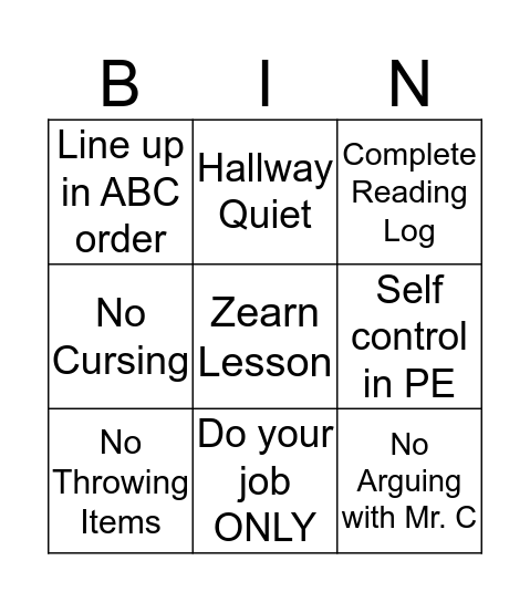 Xavier's Challenge Bingo Card