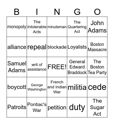 Review Game Chapter 5 Bingo Card