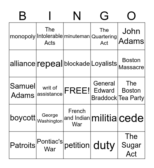 Review Game Chapter 5 Bingo Card