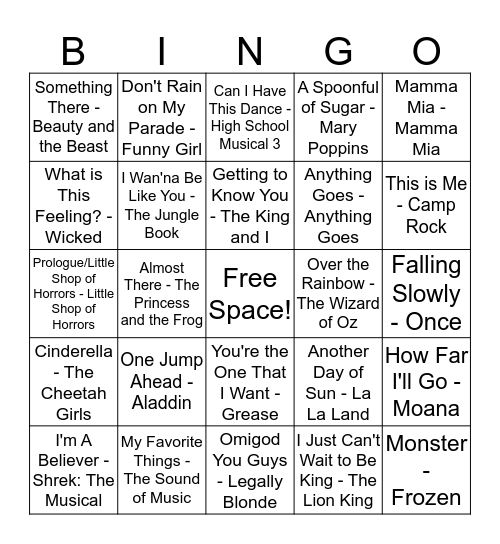 Musicals Bingo Card