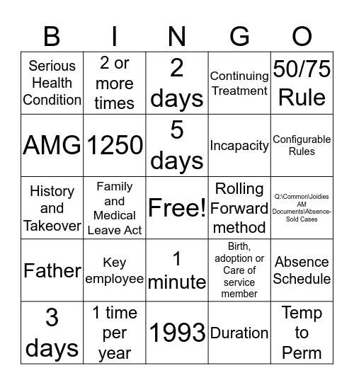 ACE Eligibility Bingo Card