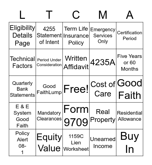 Long Term Care Bingo! Bingo Card