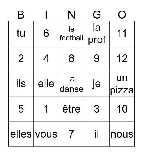 bingo en Français Bingo Card