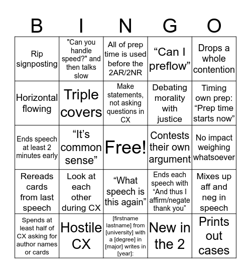 novice ld debate bingo  Bingo Card