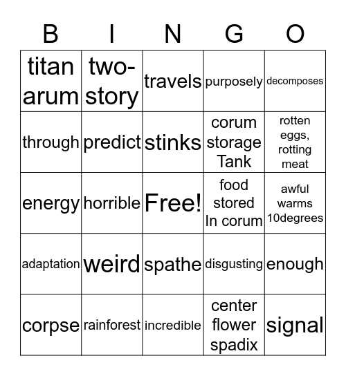 Corpse Flower Bingo Card