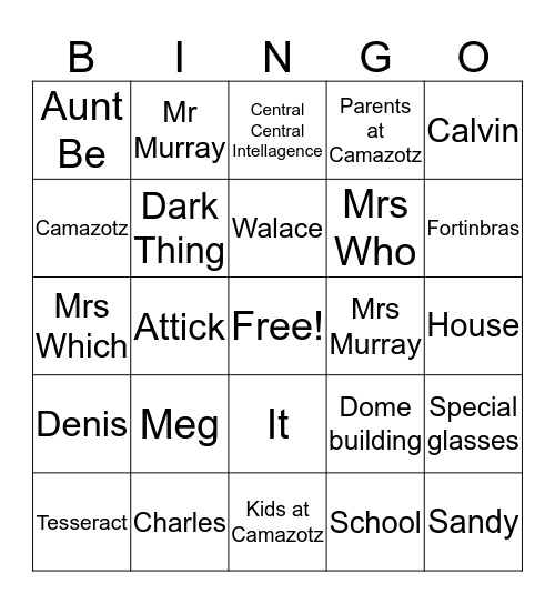 A Winkle in Time Bingo Card