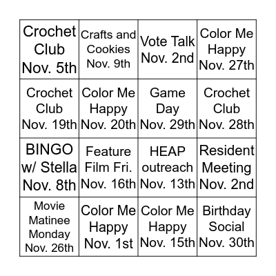 November Calendar BINGO  Bingo Card