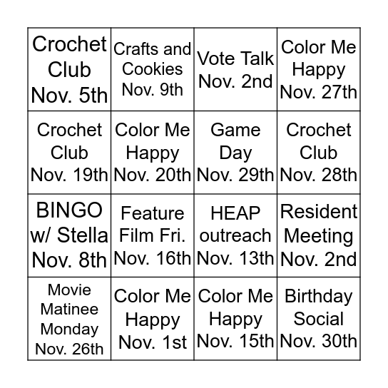 November Calendar BINGO  Bingo Card