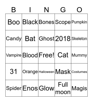 Scope Halloween Bingo Card
