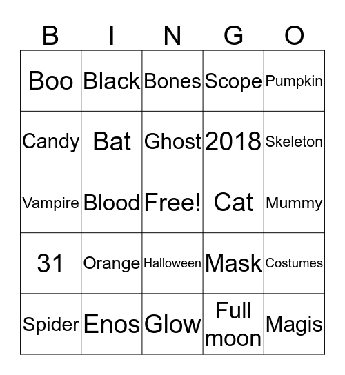 Scope Halloween Bingo Card